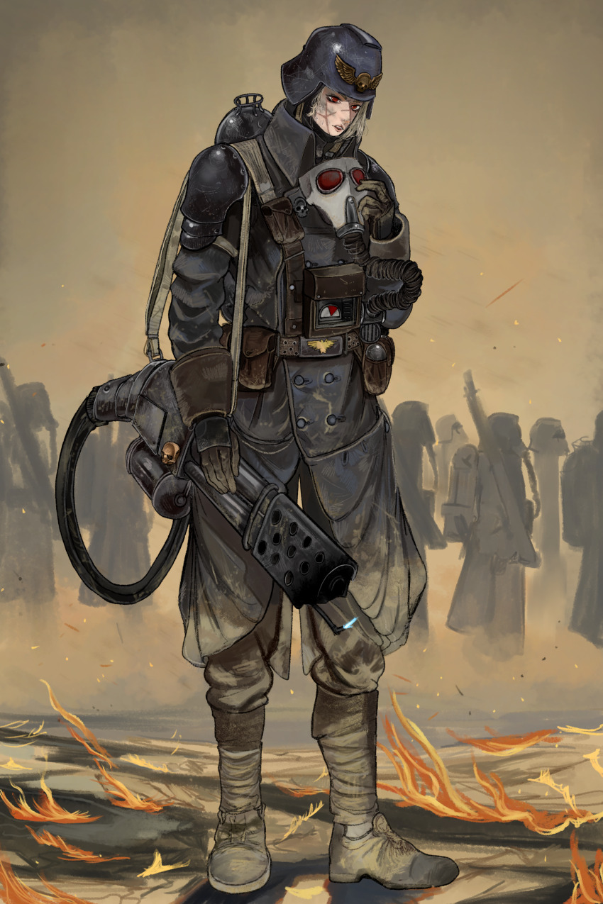 1girl absurdres astra_militarum blonde_hair boots canteen coat death_korps_of_krieg fire flamethrower gas_mask gloves helmet highres kkghost_tv lasgun looking_down marching mask military pouch red_eyes warhammer_40k weapon