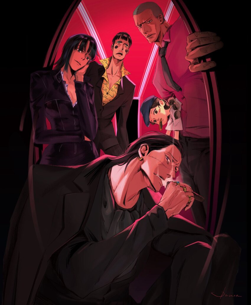 2girls 3boys ascot black_jacket blush_stickers bob_cut bon_clay buzz_cut cigar closed_mouth coat coat_on_shoulders commentary crocodile_(one_piece) damon_(damonn_h) daz_bones earrings eating english_commentary formal_clothes hair_slicked_back hat highres holding holding_cigar jacket jewelry leather_dress long_sleeves looking_at_viewer medium_hair miss_goldenweek multiple_boys multiple_girls necktie nico_robin one_piece pink_shirt ring shirt short_hair smoke squatting stitched_face stitches suit very_short_hair wing_collar yellow_shirt