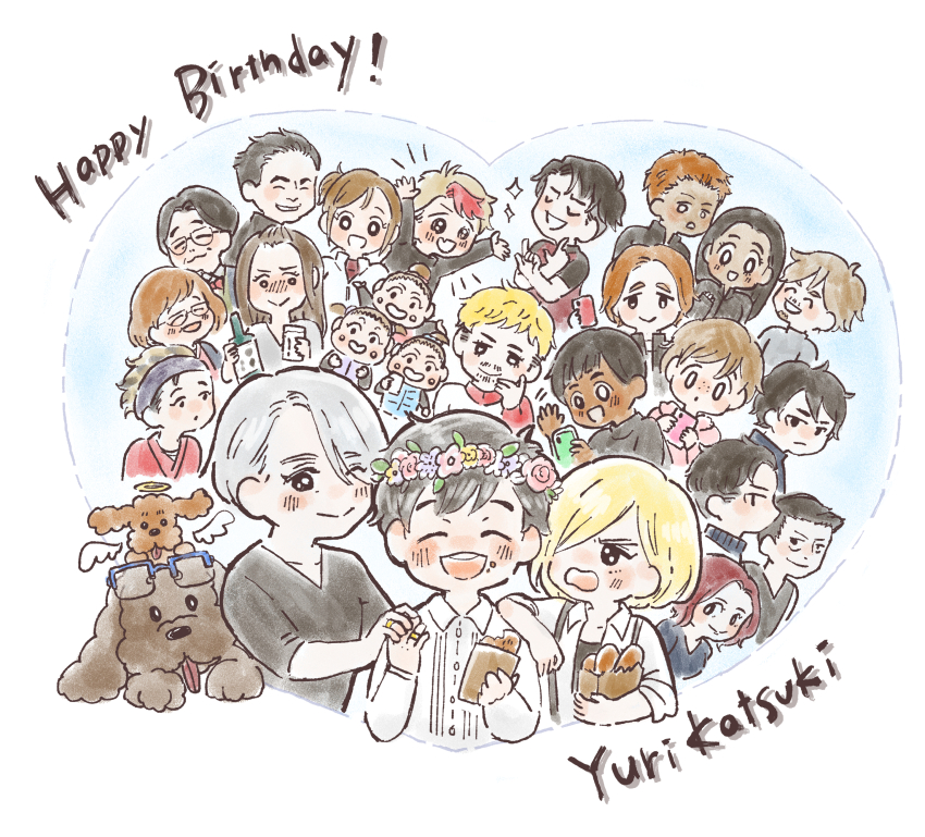 6+boys 6+girls :&gt; :d ^_^ absurdres bad_id bad_pixiv_id beard birthday black_hair blonde_hair blue-framed_eyewear blush bottle brown_hair cellphone christophe_giacometti closed_eyes collared_shirt dog emil_nekola everyone closed_eyes eyewear_on_head facial_hair food food_on_face georgi_popovich glasses hair_bun hair_over_one_eye hairband halo head_wreath highres it&#039;s_j.j._style! jacket jean-jacques_leroy jewelry ji_guang-hong katsuki_hiroko katsuki_mari katsuki_toshiya katsuki_yuuri lee_seung-gil leo_de_la_iglesia makkachin michele_crispino mila_babicheva minami_kenjirou multicolored_hair multiple_boys multiple_girls nishigoori_axel nishigoori_loop nishigoori_lutz nishigoori_takeshi nishigoori_yuuko okukawa_minako open_mouth otabek_altin phichit_chulanont phone pirozhki ponytail red_hair ring sara_crispino shirt silver_hair single_hair_bun smartphone smile sparkle suspenders track_jacket twintails ufu_(vn0328yk) vicchan viktor_nikiforov wings yuri!!!_on_ice yuri_plisetsky