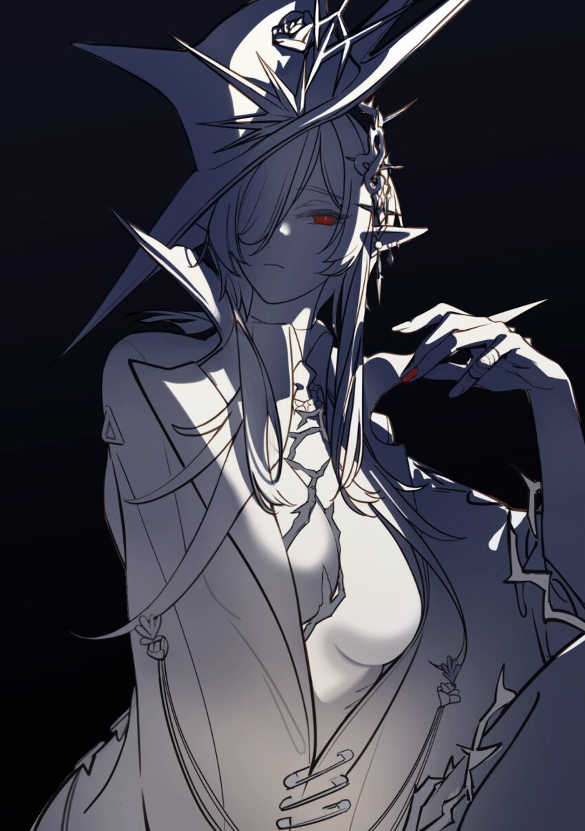 arknights black_background breasts coat gills gladiia_(arknights) gladiia_(i_am_the_tides)_(arknights) highres monochrome nineo no_bra pointy_ears pointy_hat red_eyes safety_pin sideboob spot_color thorns
