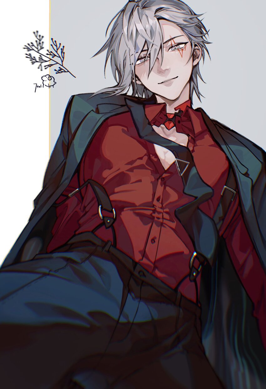 1boy artist_name black_jacket black_necktie black_pants buttons chromatic_aberration collared_shirt dress_shirt facial_tattoo fulgur_ovid grey_background grey_eyes grey_hair hair_between_eyes hashtag-only_commentary highres jacket jacket_on_shoulders jtei lapels looking_at_viewer male_focus necktie nijisanji nijisanji_en pants parted_bangs parted_lips red_shirt shirt shirt_tucked_in short_hair smile solo suspenders suspenders_slip tattoo tie_clip virtual_youtuber white_background wing_collar