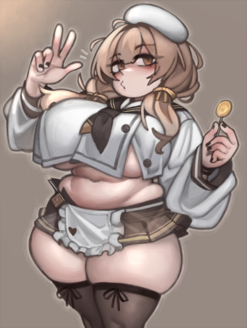 1girl apron black_nails black_thighhighs blush bready_(nikke) breasts brown_background brown_eyes brown_hair brown_skirt candy cowboy_shot food goddess_of_victory:_nikke highres holding holding_candy holding_food holding_lollipop huge_breasts kelvin_hiu lollipop long_hair long_sleeves low_twintails matching_hair/eyes midriff miniskirt nail_polish pleated_skirt plump simple_background skindentation skirt solo standing stomach thick_thighs thighhighs thighs twintails underboob v white_hair