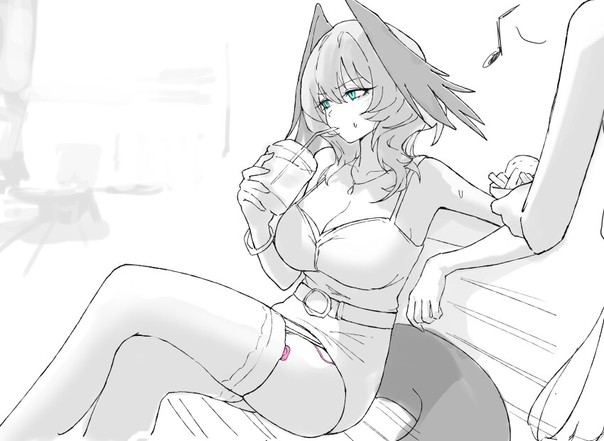 2girls arknights blue_eyes breasts camisole cleavage commentary_request cup drinking_straw drinking_straw_in_mouth garter_straps greyscale hair_between_eyes head_wings highres ho&#039;olheyak_(arknights) holding holding_cup large_breasts medium_hair monochrome muelsyse_(arknights) multiple_girls remote_control_vibrator sex_toy sitting skirt spot_color tail thighhighs uof vibrator wings
