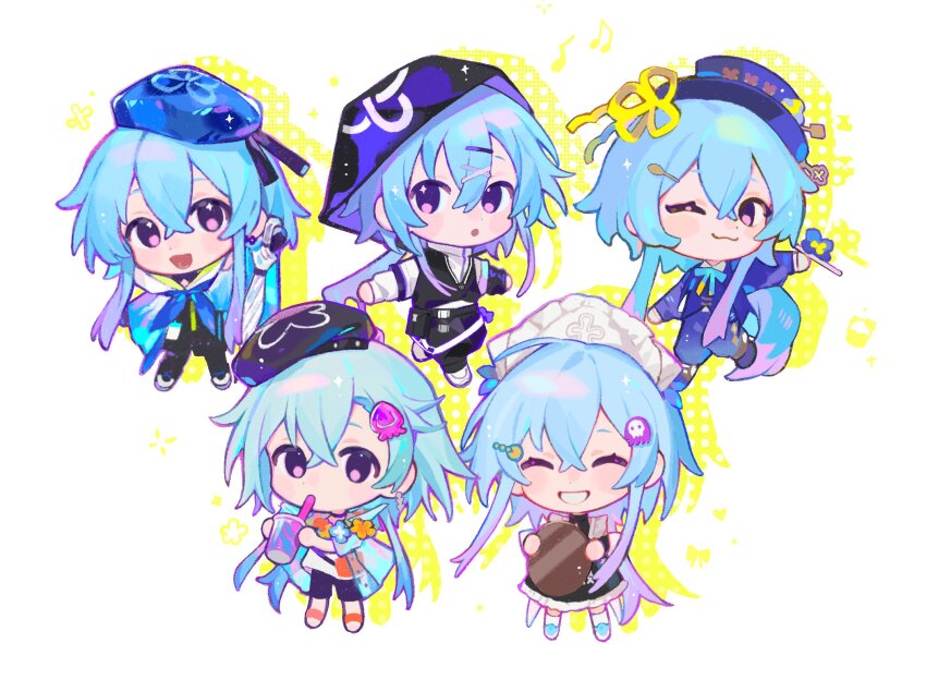 1boy arknights chibi chibi_only dot_nose drop_shadow full_body halftone highres male_focus mizuki_(arknights) mizuki_(summer_feast)_(arknights) multiple_views official_alternate_costume pinenut_sn trap