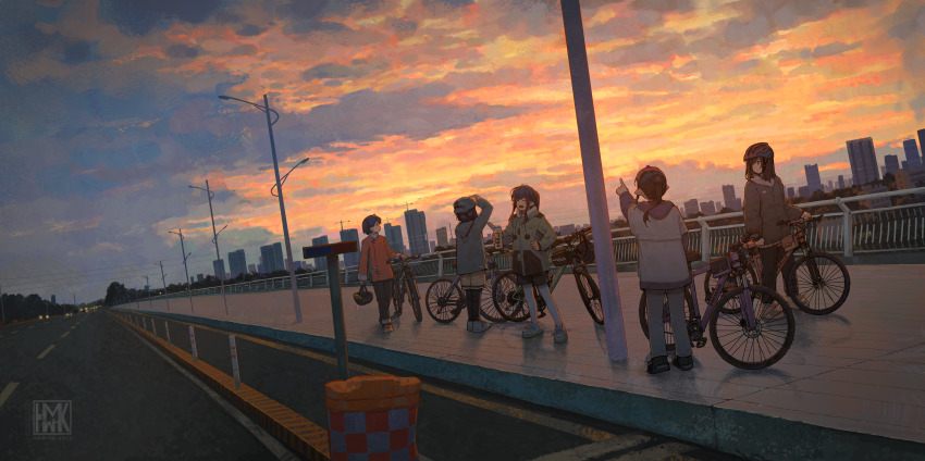 5girls absurdres bicycle china chinese_clothes cityscape elf highres hua_ming_wink lamppost long_hair multiple_girls original pankou pantyhose pointing pointy_ears ponytail road scenery shanghai_neckline shoes shorts sidewalk sneakers twilight