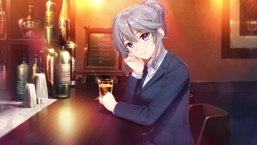 1girl alpha_(yukai_na_nakamatachi) bar black_jacket business_suit closed_mouth collared_shirt dress_shirt drink formal_clothes game_cg hair_between_eyes indoors jacket lens_flare long_sleeves looking_at_viewer purple_eyes shirt sidelocks sitting smile solo sousaku_kanojo_no_renai_koushiki suit white_hair white_shirt wing_collar yukisaki_erena
