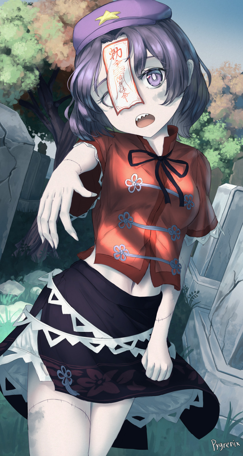 1girl absurdres black_hair black_ribbon black_skirt bright_pupils newsboy_cap chinese_clothes commentary graveyard hat hat_ornament highres jiangshi looking_at_viewer miyako_yoshika navel neck_ribbon ofuda open_mouth outdoors pale_skin purple_eyes purple_hat pygrenix red_shirt ribbon sharp_teeth shirt short_hair short_sleeves signature skirt sky solo star_(symbol) star_hat_ornament stitches tangzhuang teeth touhou tree upper_teeth_only white_pupils