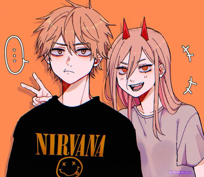 ... 1boy 1girl artist_name blonde_hair brown_eyes brown_hair chainsaw_man commentary denji_(chainsaw_man) frown grey_shirt hair_between_eyes highres horns keksimuru nirvana_(band) open_mouth orange_background orange_eyes power_(chainsaw_man) red_horns sharp_teeth shirt smile spoken_ellipsis t-shirt teeth v