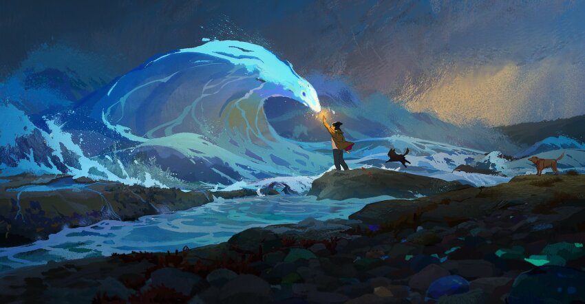 1boy angelasungart cat dawn dog elemental_(creature) highres looking_at_another noses_touching ocean original rock rockpool shore water waves