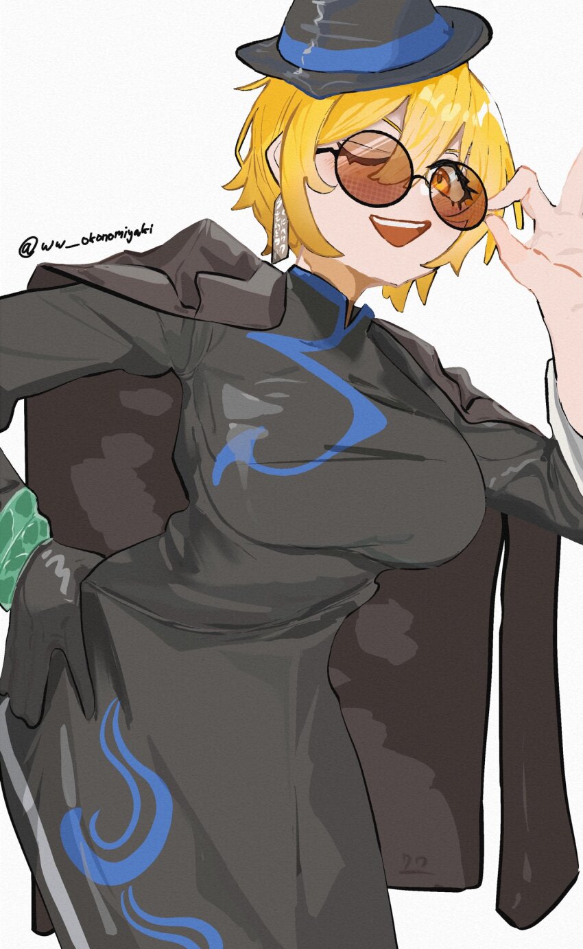 1girl adjusting_eyewear black_coat black_dress black_gloves black_hat blonde_hair bracelet breasts china_dress chinese_clothes coat coat_on_shoulders don_quixote_(project_moon) dress earrings cinq_east_(identity)_(project_moon) gloves hand_on_own_hip hat highres jewelry large_breasts limbus_company long_sleeves looking_at_viewer one_eye_closed open_mouth partially_opaque_sunglasses project_moon round_eyewear short_hair simple_background single_earring single_glove smile solo sunglasses teeth tilted_headwear tilted_headwear twitter_username upper_teeth_only white_background ww_okonomiyaki yellow_eyes