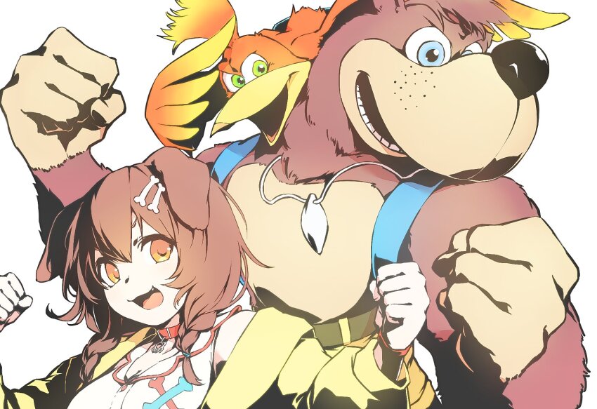 1boy 2girls animal_ears banjo-kazooie banjo_(banjo-kazooie) bear bird blue_eyes breasts brown_fur brown_hair clenched_hands dog_ears dog_girl fang feathered_wings fewer_digits green_eyes hands_up hashiguma highres hololive inugami_korone jacket jewelry kazooie_(banjo-kazooie) looking_at_viewer multiple_girls open_mouth orange_eyes pendant v-shaped_eyebrows virtual_youtuber white_background wings yellow_jacket