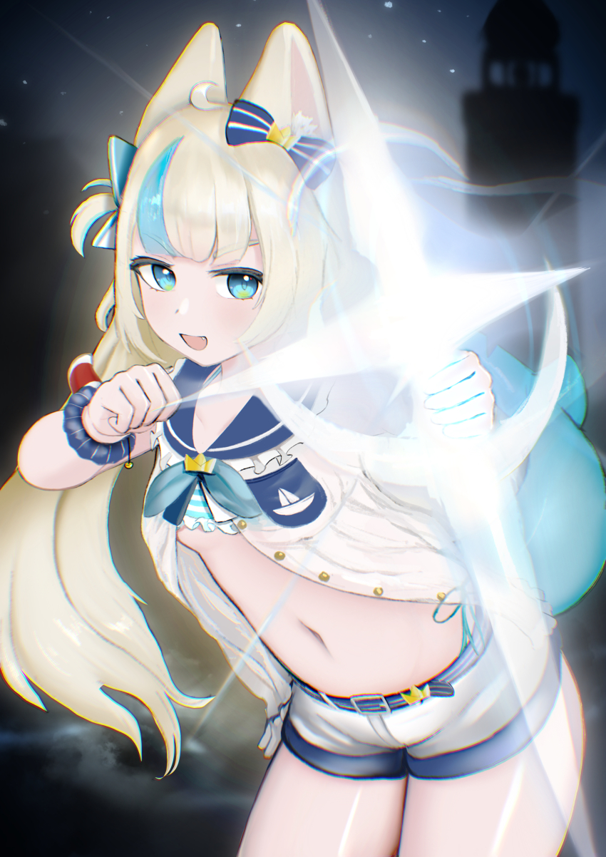1girl absurdres animal_ear_fluff animal_ears blue_bow blue_eyes blue_streaks bow breasts cat_ears dimensionless88 dress fins fish_tail hair_bow highres indie_virtual_youtuber lifebuoy_hair_ornament long_hair looking_at_viewer low_twintails navel open_clothes open_dress sailor_dress sameko_saba shorts small_breasts solo tail twintails virtual_youtuber white_dress white_shorts