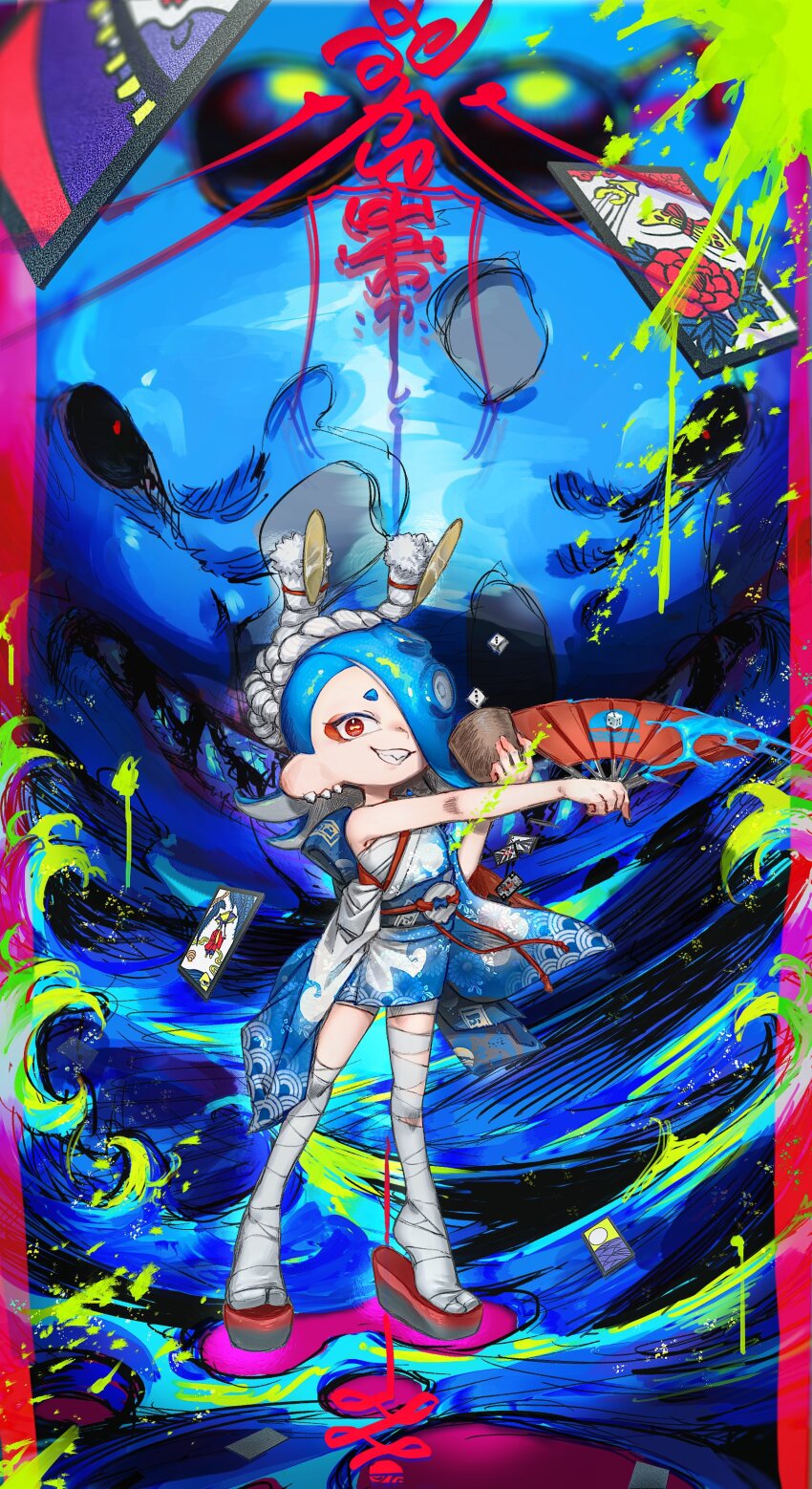 1girl absurdres aramaki_spla bandages blue_hair card chest_sarashi cup dice grin hachimaki hanafuda hand_fan headband highres japanese_clothes kimono nejiri_hachimaki nintendo octoling red_eyes sarashi shark shiver_(splatoon) short_kimono smile splatoon_(series) splatoon_3 tentacle_hair