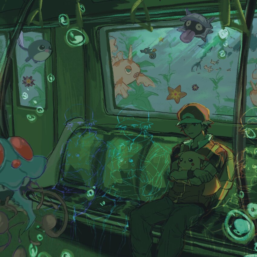 1boy absurdres afterimage air_bubble aqua_eyes backpack bag baseball_cap black_shirt brown_hair bubble collared_jacket commentary crossed_arms dimsum2756 droopy_ears english_commentary feet_out_of_frame fish gen_1_pokemon goldeen green_theme hat highres horns horsea in_water jacket jellyfish jitome looking_ahead male_focus multicolored_hat multicolored_jacket nintendo parted_lips pikachu pokemon pokemon_frlg poliwag popped_collar red_(pokemon) sad seaweed shellder shirt short_hair short_sleeves single_horn sitting solid_oval_eyes solo_focus starmie staryu tentacles tentacruel tongue tongue_out train train_interior undershirt underwater window wristband yellow_bag
