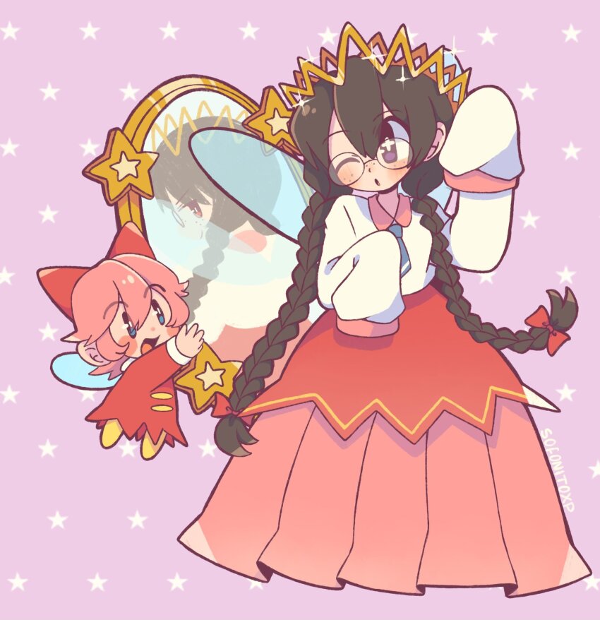 2girls black_hair different_reflection fairy fairy_wings freckles highres holding holding_mirror kirby_(series) kirby_64 mirror multiple_girls nintendo one_eye_closed pink_hair purple_background red_ribbon reflection ribbon ribbon_(kirby) ripple_star_queen round_eyewear sleeves_past_fingers sleeves_past_wrists sofo_soup star_(symbol) wings