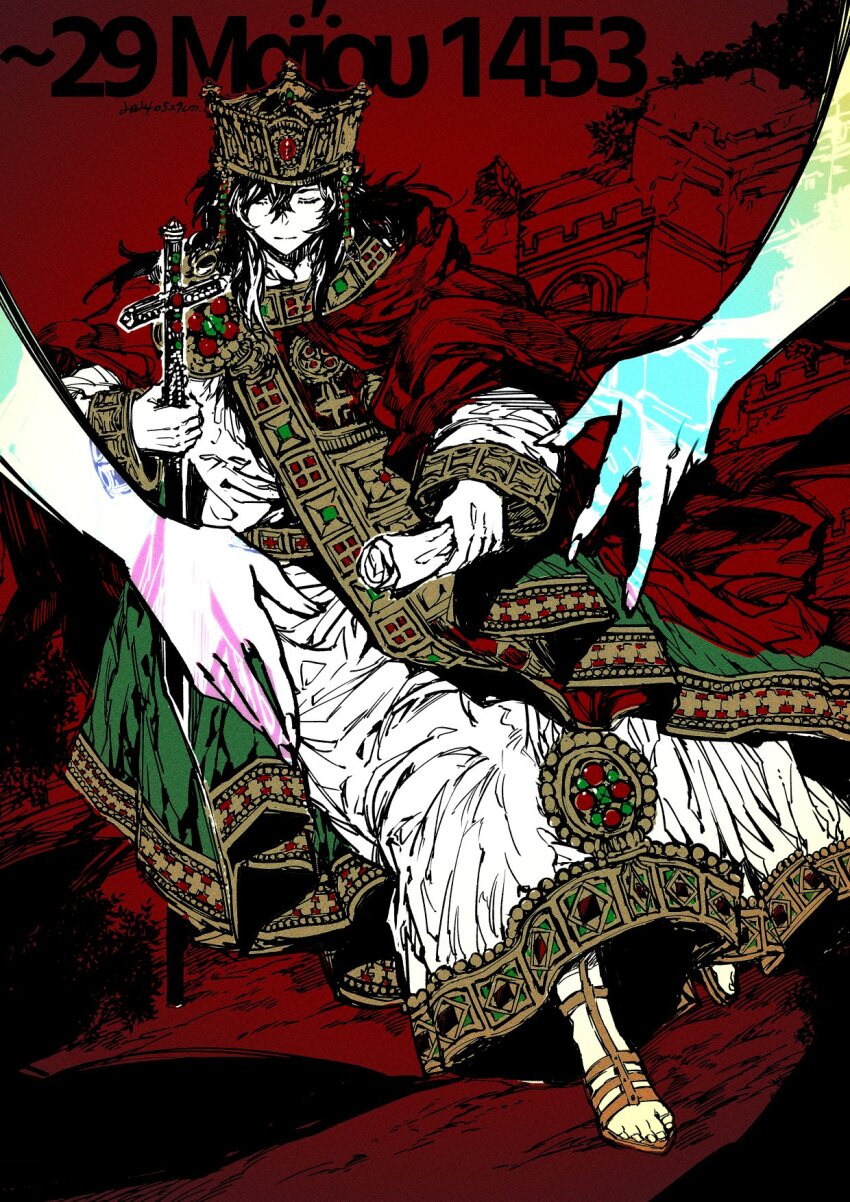 1boy alternate_costume black_hair building byzantine_clothes byzantine_empire cloak closed_eyes closed_mouth constantine_xi_(fate) cross crown earrings facing_viewer fate/grand_order fate_(series) full_body gem gold_belt gold_trim greco-roman_clothes green_cloak green_gemstone hair_between_eyes highres holding holding_scroll holding_sword holding_weapon jewelry king limited_palette long_hair long_sleeves male_focus out_of_frame red_background red_cloak red_gemstone robe roman_clothes sandals scroll sheath sheathed solo sword tree umu_(um) weapon white_robe