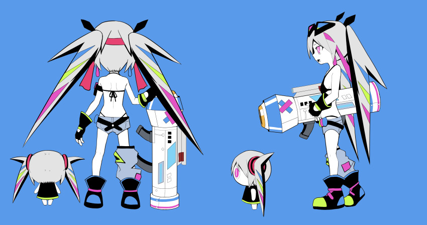 #compass 1girl 2girls absurdres aimaina back black_bra blue_hair boots bra breasts commentary_request denim denim_shorts eyewear_on_head from_side full_body game_bazooka_girl green_hair grey_hair hatsune_miku highres holding holding_weapon long_hair looking_at_viewer multicolored_hair multiple_girls pink_eyes pink_hair pinocchio-p real_ni_buttobasu_(vocaloid) red_hair shorts simple_background solo sunglasses underwear vocaloid weapon