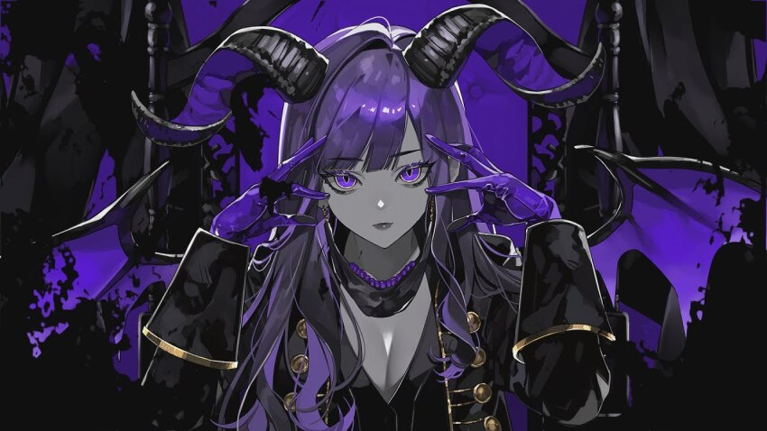 1girl beni_(bn12x20) black_coat breasts cleavage closed_mouth coat commentary_request demon_girl demon_horns demon_lord_(vocaloid) demon_wings gloves horns indie_virtual_youtuber kurokumo_(vtuber) long_sleeves looking_at_viewer open_clothes open_coat purple_eyes purple_gloves purple_hair purple_theme second-party_source solo upper_body virtual_youtuber wings