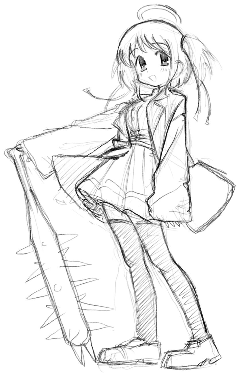 1girl angel black_thighhighs blazer blush bokusatsu_tenshi_dokuro-chan club_(weapon) ddasang excalibolg greyscale hair_ribbon halo highres holding holding_club holding_weapon jacket loafers long_sleeves mitsukai_dokuro monochrome pleated_skirt ribbon school_uniform shoes sketch skirt sleeves_past_wrists thighhighs twintails weapon
