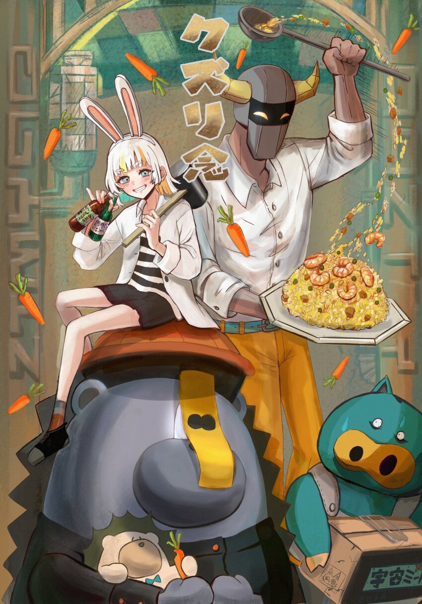 1boy 1girl animal_ear_hairband animal_ears aqua_belt aqua_eyes black_shoes black_skirt bottle box cardboard_box carrot collared_shirt colored_inner_hair dark-skinned_male dark_skin dress_shirt fake_animal_ears fingernails food grey_mask grin hairband hammer hedgehog highres holding holding_bottle holding_box holding_carrot holding_hammer holding_ladle holding_plate jiangshi kuzuri_(zutomayo) ladle looking_at_viewer mask mugen_(zutomayo) multicolored_hair multicolored_socks nira-chan nira-chan_(kuzuri)_(zutomayo) ofuda ofuda_on_clothes open_clothes open_shirt orange_pants pants pig plate ponoka rabbit_ear_hairband rabbit_ears shirt shoes short_hair sitting sitting_on_animal sitting_on_head sitting_on_person skirt smile socks song_name standing streaked_hair two-tone_shirt uniguri_(zutomayo) white_hairband white_shirt zutto_mayonaka_de_ii_no_ni