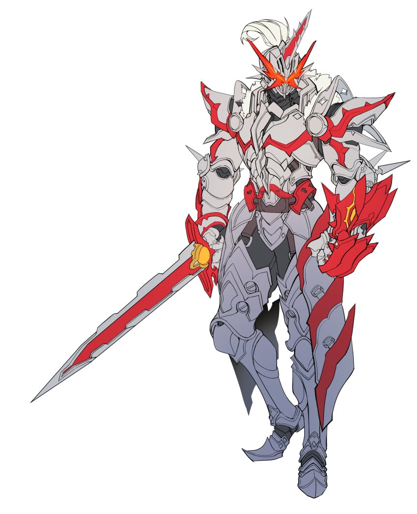 1boy absurdres armor catball1994 clenched_hand fake_horns helmet highres holding holding_sword holding_weapon horned_helmet horns kamen_rider kamen_rider_saber kamen_rider_saber_(series) kamen_rider_saber_draconic_knight looking_to_the_side male_focus red_eyes single_horn solo spiked_armor standing sword tokusatsu weapon white_armor white_background