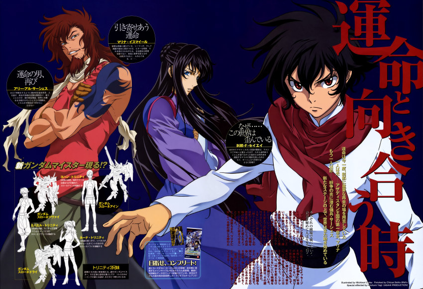 00s 2girls 4boys absurdres ali_al-saachez black_hair blue_eyes brown_hair chiba_michinori gundam gundam_00 highres johann_trinity long_hair marina_ismail michael_trinity multiple_boys multiple_girls nena_trinity red_eyes setsuna_f._seiei two_side_up