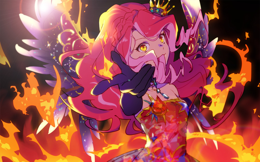 1girl aikatsu!_(series) aikatsu_stars! bare_shoulders black_gloves braid closed_mouth crown crown_braid dress elza_forte feathered_wings fire foreshortening gloves hand_up highres idol_clothes long_hair looking_at_viewer multicolored_hair pink_hair red_dress red_hair shiontaso smile solo third-party_source upper_body wings yellow_eyes
