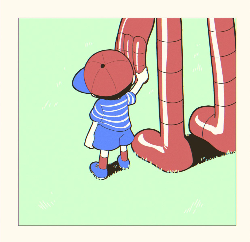 backwards_hat black_hair blue_footwear blue_shirt blue_shorts eve_(mother) facing_away from_behind hat holding_hands hoshi_(star-name2000) mechanical_arms mother_(series) mother_1 ninten nintendo on_grass red_hat robot shirt shorts size_difference striped_clothes