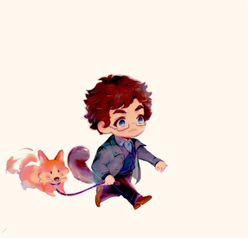 1boy afterimage animification beard_stubble black_pants blue_coat blue_eyes blue_shirt blue_vest brown_hair brown_shoes chibi chinese_commentary closed_mouth coat collared_coat collared_shirt commentary_request dog dog_tail eyelashes facial_hair glasses grey-framed_eyewear hannibal_(tv_series) holding holding_leash kemonomimi_mode leash light_frown looking_ahead male_focus marshal58252 messy_hair motion_lines mustache_stubble open_clothes open_coat pants pet_walking shiba_inu shirt shoes short_hair simple_background solo stubble tail tail_wagging thick_eyebrows vest walking will_graham yellow_background