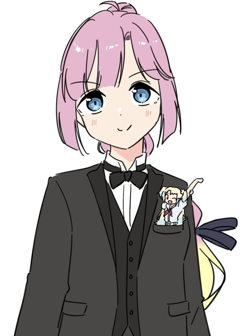 2girls ;d ahoge alternate_costume anyoji_hime black_bow black_bowtie black_jacket black_ribbon black_vest blonde_hair blue_eyes blue_hair blunt_bangs bow bowtie c: closed_mouth collared_shirt commentary dress dress_shirt flower gradient_hair hair_flower hair_ornament hair_ribbon hasu_no_sora_school_uniform highres in_pocket jacket light_blue_hair link!_like!_love_live! llkapital long_hair long_sleeves looking_at_viewer love_live! mini_person minigirl multi-tied_hair multicolored_hair multiple_girls neckerchief one_eye_closed open_clothes open_jacket open_mouth osawa_rurino pink_hair ponytail red_neckerchief ribbon sailor_collar sailor_dress school_uniform shirt short_sleeves sidelocks simple_background smile solo_focus split_mouth suit_jacket summer_uniform swept_bangs tuxedo twintails upper_body vest virtual_youtuber white_background white_dress white_flower white_sailor_collar white_shirt