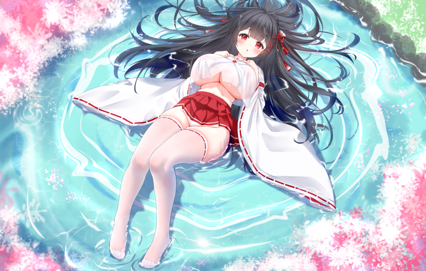 1girl :o absurdres ayase_(azur_lane) azur_lane black_hair blush bow breasts cherry_blossoms covered_erect_nipples full_body hair_bow highres japanese_clothes large_breasts long_sleeves looking_at_viewer midriff miko no_bra panties pantyhose partially_submerged qian_hen red_eyes red_skirt skirt solo thighhighs tree underwear white_panties white_thighhighs wide_sleeves