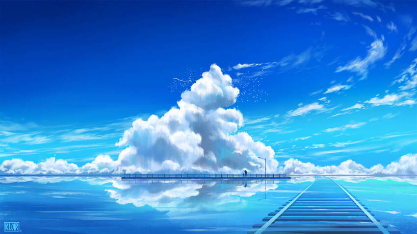 1boy 1girl 1other bird blue_sky cloud commentary dragon eastern_dragon english_commentary flock haku_(sen_to_chihiro_no_kamikakushi) horizon kaonashi kloir lamppost ogino_chihiro painterly platform railing railroad_tracks reflection reflective_water scenery sen_to_chihiro_no_kamikakushi sky wind