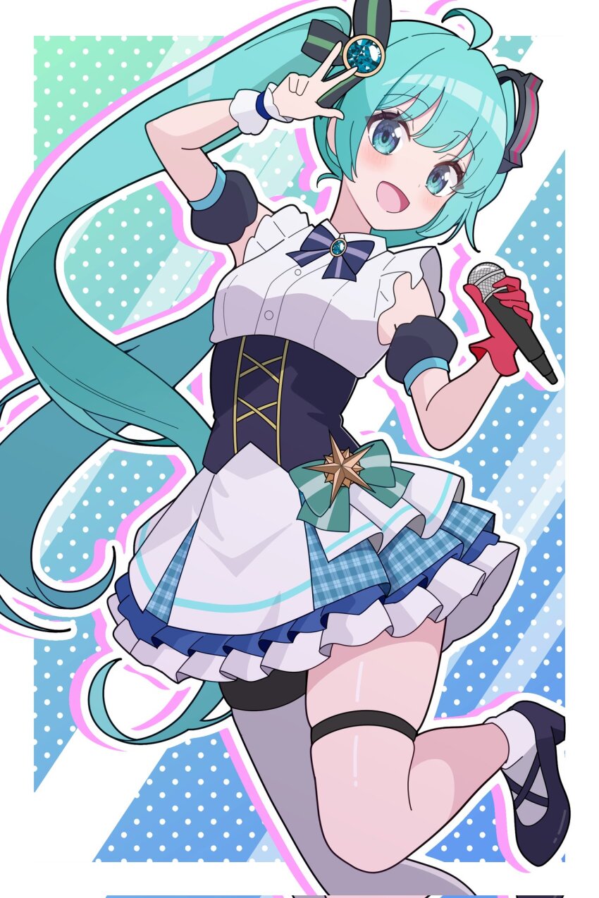 1girl ahoge aqua_eyes aqua_hair black_corset blush breasts corset foot_out_of_frame frilled_skirt frills gloves hair_between_eyes hair_ornament hatsune_miku highres holding holding_microphone idol looking_at_viewer medium_breasts microphone odorukaminoke open_mouth red_gloves shirt skirt sleeveless sleeveless_shirt smile socks solo standing standing_on_one_leg thick_thighs thigh_strap thighs twintails vocaloid