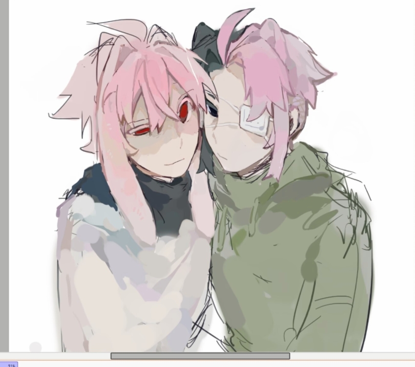 2boys ahoge animal_ears black_eyes black_hair chinese_commentary closed_mouth colored_eyelashes commentary_request curtained_hair drawstring expressionless eyepatch green_jacket hair_between_eyes jacket kemonomimi_mode lei_renqun_xing_shanyao_shi lop_rabbit_ears male_focus medical_eyepatch multicolored_hair multiple_boys mutsushika_misumi nijou_ryuu parted_bangs pink_hair rabbit_ears red_eyes saibou_shinkyoku shirt short_hair simple_background sketch smile split-color_hair two-tone_hair uneven_eyes upper_body white_background white_shirt