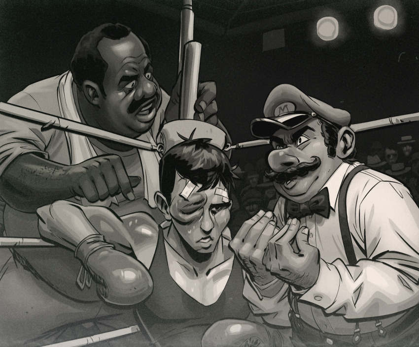 1960s_(style) 3boys absurdres angusburgers arguing audience big_nose black_hair boxer boxing_gloves boxing_ring bruise bruise_on_face bruised_eye crossover crowd dark-skinned_male dark_skin doc_louis facial_hair gloves greyscale highres injury little_mac male_focus mario mario_(series) monochrome multiple_boys multiple_crossover muscular mustache necktie nintendo oldschool open_mouth overalls punch-out!! retro_artstyle shirt short_hair
