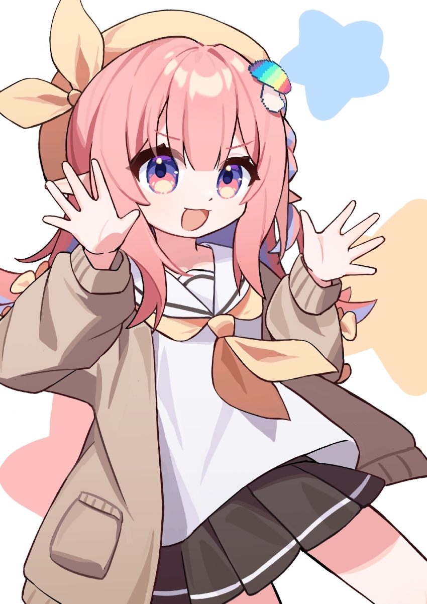 1girl :d beret bow braid brown_cardigan brown_skirt cardigan chinese_commentary colored_inner_hair commentary_request cowboy_shot dot_nose floating_clothes floating_neckwear food-themed_hair_ornament hair_between_eyes hair_ornament hands_up hat hat_ribbon highres long_hair long_sleeves looking_at_viewer miniskirt mogu_kinoko multicolored_eyes multicolored_hair mushroom_hair_ornament neckerchief open_cardigan open_clothes open_hands open_mouth original palms pink_hair pleated_skirt pocket pointy_ears puffy_long_sleeves puffy_sleeves purple_eyes purple_hair ribbon sailor_collar school_uniform serafuku shirt side_braid sidelocks simple_background single_braid skirt sleeve_bow smile solo spread_fingers star_(symbol) star_symbol_background two-tone_eyes two-tone_hair v-shaped_eyebrows white_background white_sailor_collar white_shirt yellow_bow yellow_hat yellow_neckerchief yellow_ribbon