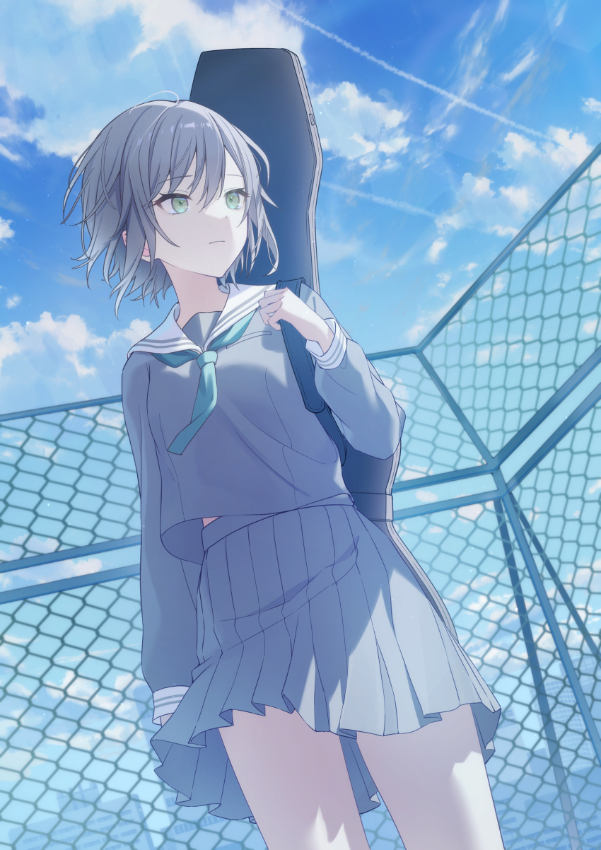 1girl absurdres aqua_ascot closed_mouth cloud cloudy_sky green_eyes grey_hair grey_serafuku grey_shirt grey_skirt highres hinomori_shiho long_skirt long_sleeves pleated_skirt project_sekai sailor_collar school_uniform serafuku shirt short_hair skirt sky solo standing timmoo white_sailor_collar