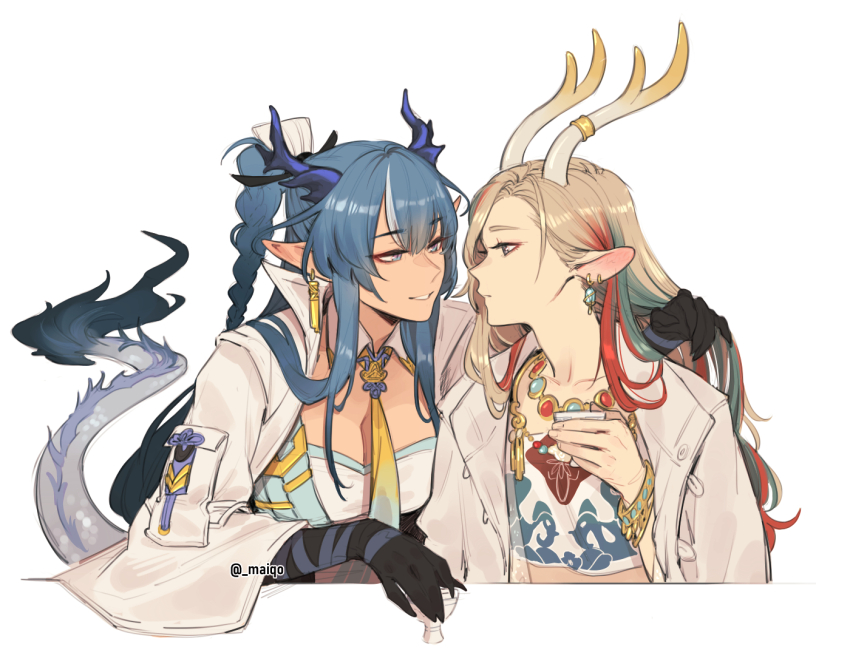 2girls a_deer_of_nine_colors animal_ears antler_ornament antler_ring antlers arknights black_gloves blonde_hair blue_eyes blue_hair blue_trim breasts cleavage deer_antlers deer_ears deer_girl dragon_horns dragon_tail earrings gloves horns jacket jewelry ling_(arknights) long_hair maiqo multicolored_eyes multicolored_hair multiple_girls necktie nine-colored_deer pointy_ears purple_eyes shirt simple_background tail twitter_username two-tone_eyes upper_body white_background white_jacket white_shirt yellow_necktie yuri