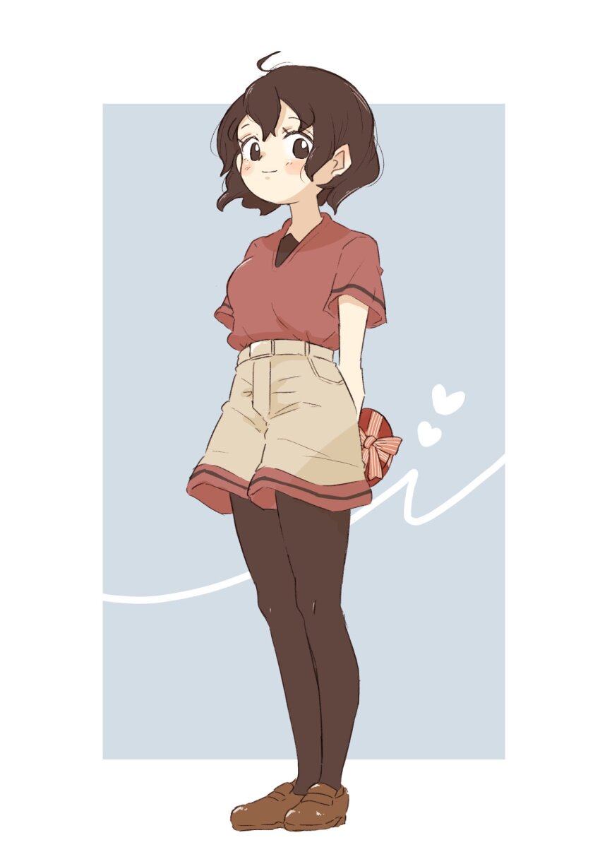 0nanaten 1girl arms_behind_back black_hair black_pantyhose blush box brown_shoes full_body grey_shorts heart-shaped_box highres kaban_(kemono_friends) kemono_friends loafers looking_at_viewer no_headwear pantyhose red_shirt red_trim shirt shoes short_hair short_sleeves shorts smile solo t-shirt valentine