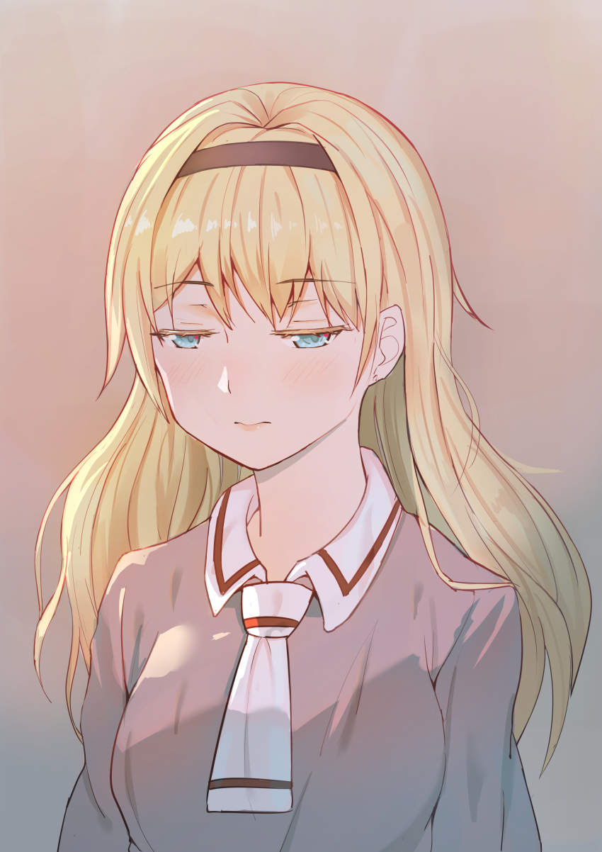 10s 1girl absurdres asobi_asobase bad_id bad_pixiv_id black_hairband blonde_hair blue_eyes blush closed_mouth collared_shirt darcy_(pixiv11949485) female_focus grey_shirt hairband highres long_hair long_sleeves looking_down necktie olivia_(asobi_asobase) school_uniform shirt solo