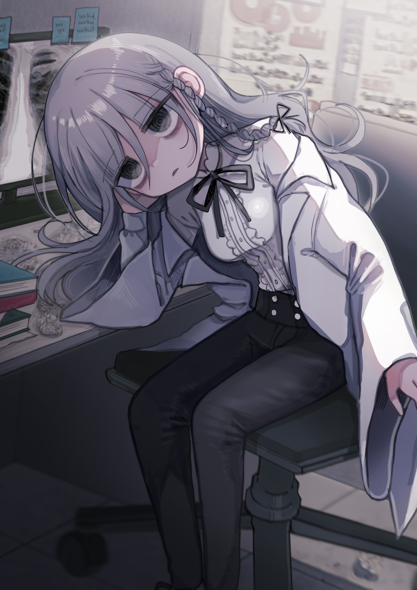 1girl absurdres aozora_kyoka arm_support asmr bags_under_eyes black_eyes black_pants braid breasts chair desk gloom_(expression) grey_hair hair_between_eyes highres lab_coat long_hair medium_breasts messy_hair mojyo office_chair original pants ringed_eyes swivel_chair x-ray_film yasashii_naizou
