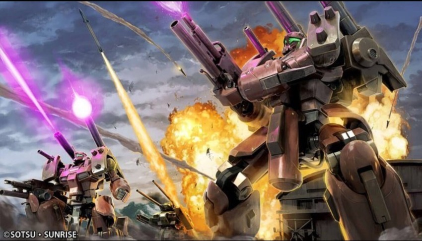 aeug assault_visor battle beam_cannon beam_rifle building cloud cloudy_sky company_name contrail copyright_notice debris double_beam_cannon energy_gun explosion firing green_visor grenade_launcher guncannon_detector gundam gundam_battle_operation_2 gundam_msv guntank machinery mecha mecha_focus missile missile_pod mobile_suit no_humans realistic robot science_fiction shoulder_cannon sky sunrise_(company) underbarrel_grenade_launcher weapon