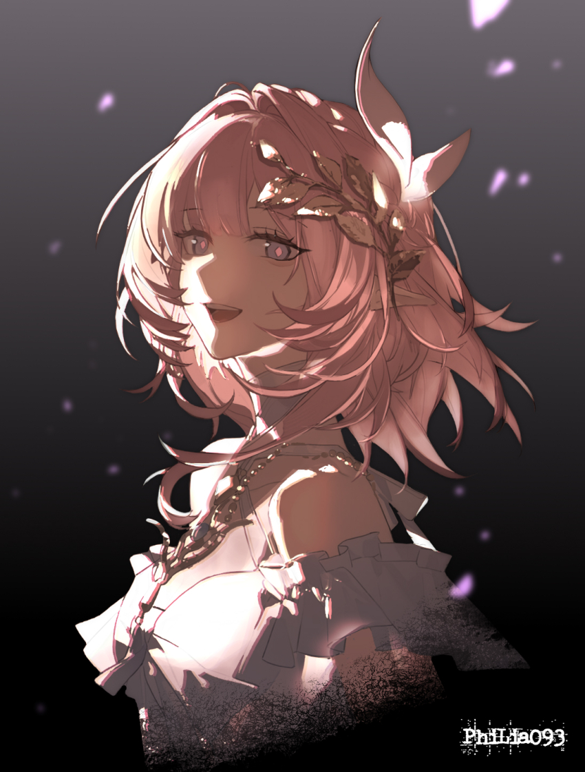 1girl bare_shoulders blue_eyes breasts character_name character_request check_character chinese_commentary commentary_request cyrene_(honkai:_star_rail) dark_background gradient_background hair_intakes hair_ornament highres honkai:_star_rail honkai_(series) laurel_crown looking_at_viewer looking_to_the_side medium_breasts medium_hair nid417 open_mouth partial_commentary pink_pupils smile solo