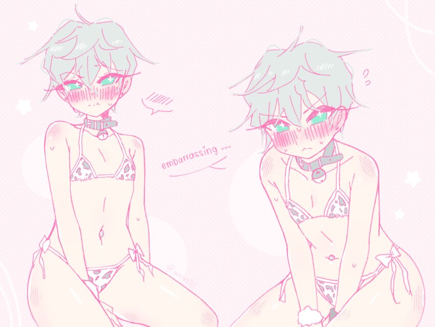 1boy :&lt; absurdres alien_stage animal_print bikini black_collar blush bracelet closed_mouth collar collarbone cow_print cow_print_bikini english_text flat_chest flying_sweatdrops green_eyes green_hair highres jewelry male_focus micro_bikini mulitple_views navel_piercing neck_bell piercing print_bikini ribbon rinrin_(wuvpyon) short_hair solo speech_bubble star_(symbol) sweat swimsuit till_(alien_stage) watermark wavy_hair white_ribbon