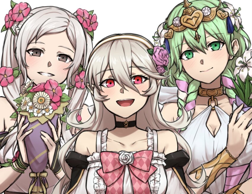 3girls :d alternate_costume alternate_hairstyle bare_shoulders black_choker bouquet braid breasts brown_eyes choker cleavage closed_mouth female_corrin_(fire_emblem) cosplay double-parted_bangs dress elise_(fire_emblem) elise_(fire_emblem)_(cosplay) elise_(valentine)_(fire_emblem) female_byleth_(enlightened)_(fire_emblem) female_byleth_(fire_emblem) female_robin_(fire_emblem) female_robin_(valentine)_(fire_emblem) fire_emblem fire_emblem:_three_houses fire_emblem_awakening fire_emblem_fates fire_emblem_heroes flower green_eyes green_hair hair_between_eyes hair_flower hair_ornament highres holding holding_bouquet large_breasts light_blush long_hair looking_at_viewer medium_breasts multicolored_hair multiple_girls nintendo official_alternate_costume open_mouth pink_hair red_eyes simple_background smile sothis_(aura_of_love)_(fire_emblem) sothis_(fire_emblem) sothis_(fire_emblem)_(cosplay) tiara tongue twin_braids twintails two-tone_hair upper_body white_background white_flower white_hair zuzu_(ywpd8853)