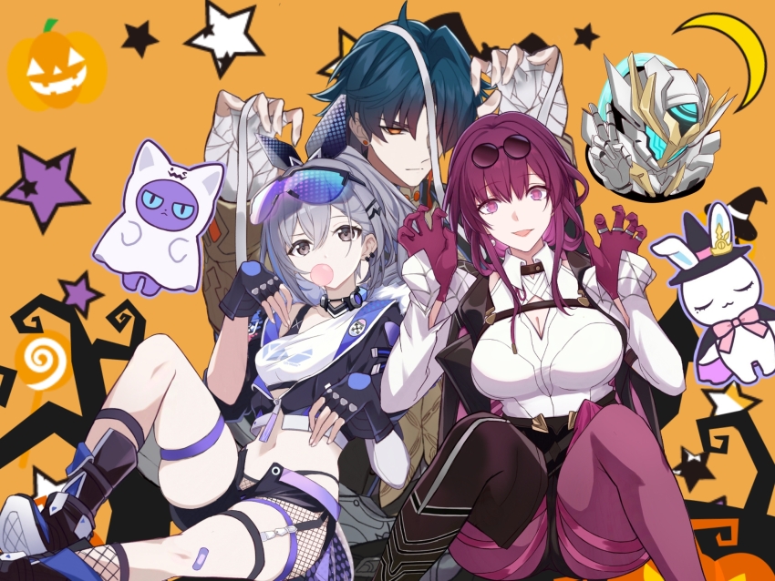 1boy 3girls asymmetrical_footwear bandaged_hand bandages black_boots black_jacket blade_(honkai:_star_rail) blue_hair boots breasts chewing_gum collared_shirt commentary_request cropped_jacket crossed_bangs eyewear_on_head fingerless_gloves fishnets glasses gloves goggles goggles_on_head grey_eyes grey_hair high-waist_pants highres honkai:_star_rail honkai_(series) jacket jacket_on_shoulders kafka_(honkai:_star_rail) large_breasts long_hair looking_at_viewer midriff multiple_girls open_mouth orange_background orange_eyes pants pantyhose pince-nez purple_eyes purple_gloves purple_hair purple_pantyhose saint_laurent_paris sam_(honkai:_star_rail) shirt shirt_tucked_in short_shorts shorts silver_wolf_(honkai:_star_rail) sunglasses thigh_boots white_hair