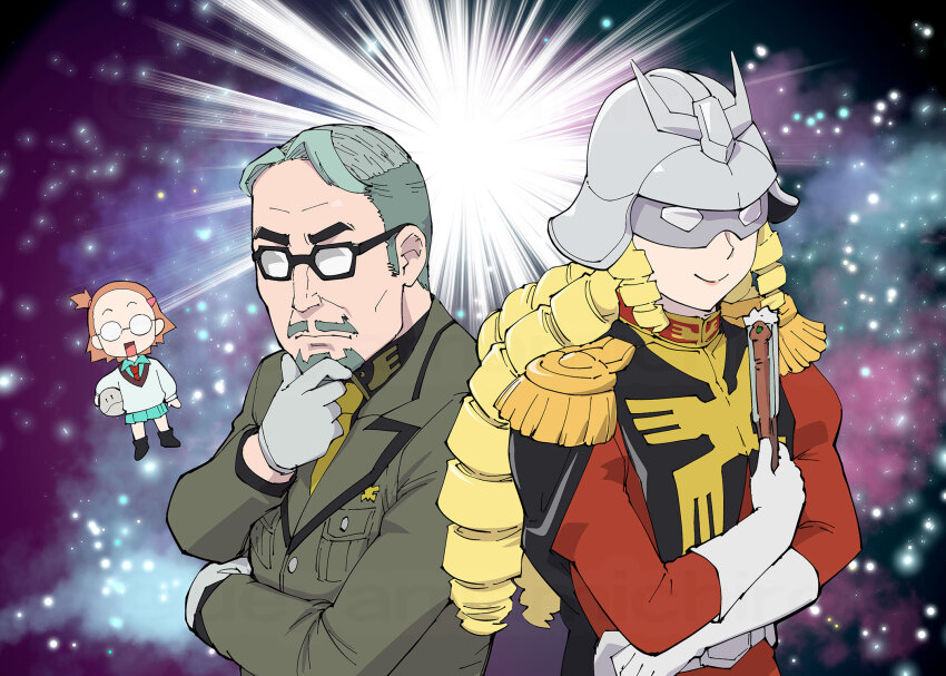 1boy 2girls akuyaku_reijou_tensei_ojisan amate_yuzuriha amate_yuzuriha_(cosplay) black-framed_eyewear blonde_hair challia_bull challia_bull_(cosplay) char_aznable char_aznable_(cosplay) character_request chibi comb_over cosplay drill_hair facial_hair folding_fan gloves grace_auvergne grey_hair gundam gundam_gquuuuuux hand_fan haro highres long_sleeves mask mobile_suit_gundam multiple_girls mustache necktie short_hair smile stroking_beard tondabayashi_hinako tondabayashi_kenzaburou ueyama_michirou upper_body white_gloves yellow_necktie