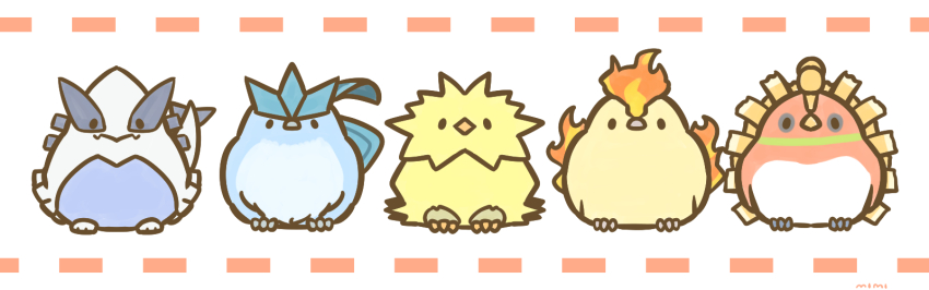773mimisuke animal_focus articuno artist_name bird black_eyes chibi chibi_only closed_mouth commentary_request fire full_body gen_1_pokemon gen_2_pokemon highres ho-oh legendary_pokemon looking_at_viewer lugia moltres nintendo no_humans pokemon pokemon_(creature) simple_background solid_oval_eyes white_background zapdos