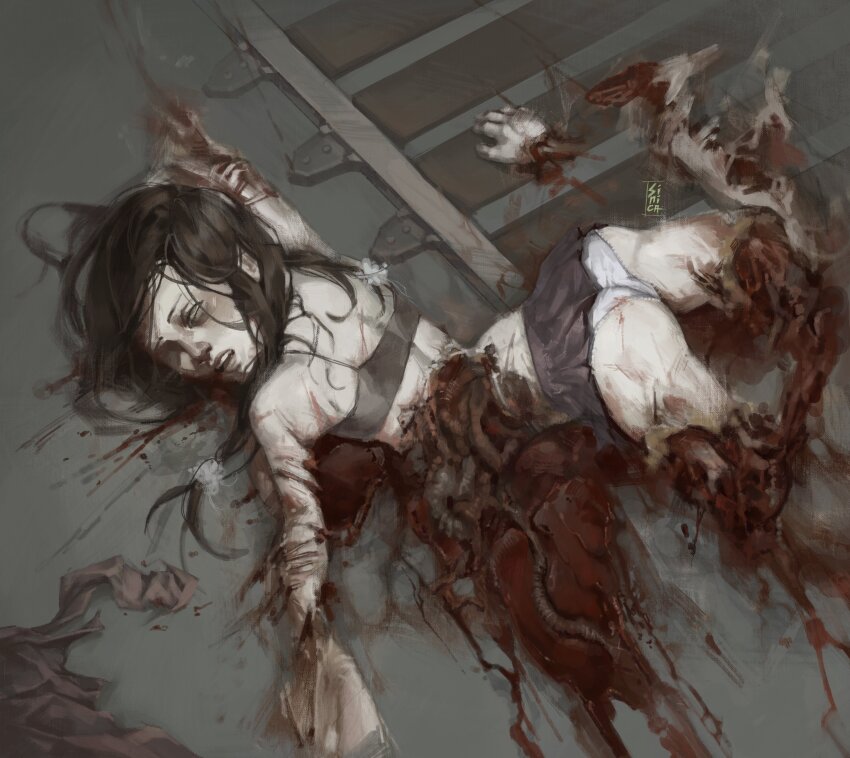 1girl absurdres black_shorts brown_hair death exposed_gusset exposed_muscle guro highres implied_suicide intestines liver long_hair lying on_back on_stomach open_mouth organs original panties railroad_tracks rolling_eyes severed_foot severed_hand severed_torso short_shorts shorts sports_bra tomtit_bird underwear white_panties