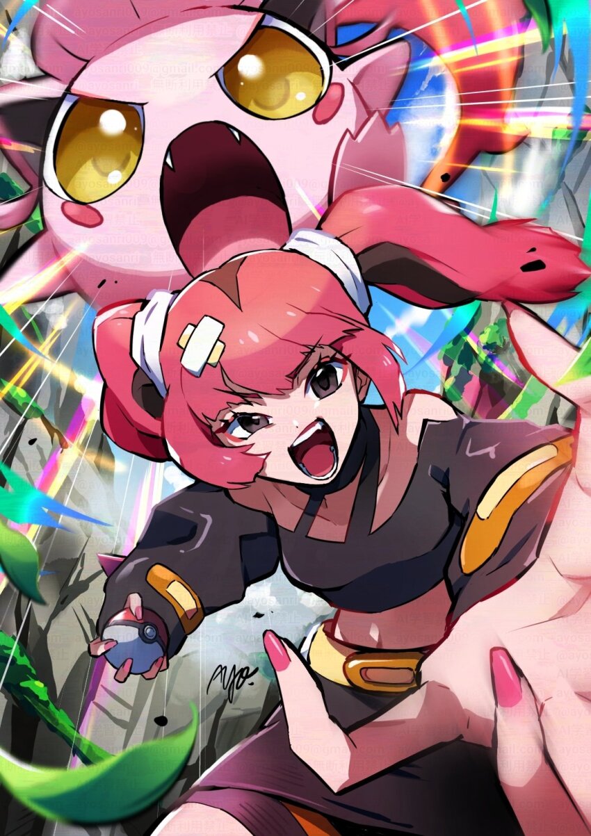 1girl ayo_(ayosanri009) belt black_shirt breasts coral_(pokemon) eyelashes fang fangs grey_eyes hair_ornament highres holding holding_poke_ball long_sleeves looking_at_viewer nintendo off_shoulder open_mouth pink_hair poke_ball poke_ball_(basic) pokemon pokemon_(anime) pokemon_(creature) pokemon_horizons scream_tail shirt skirt sleeves_past_fingers sleeves_past_wrists tongue twintails yellow_eyes